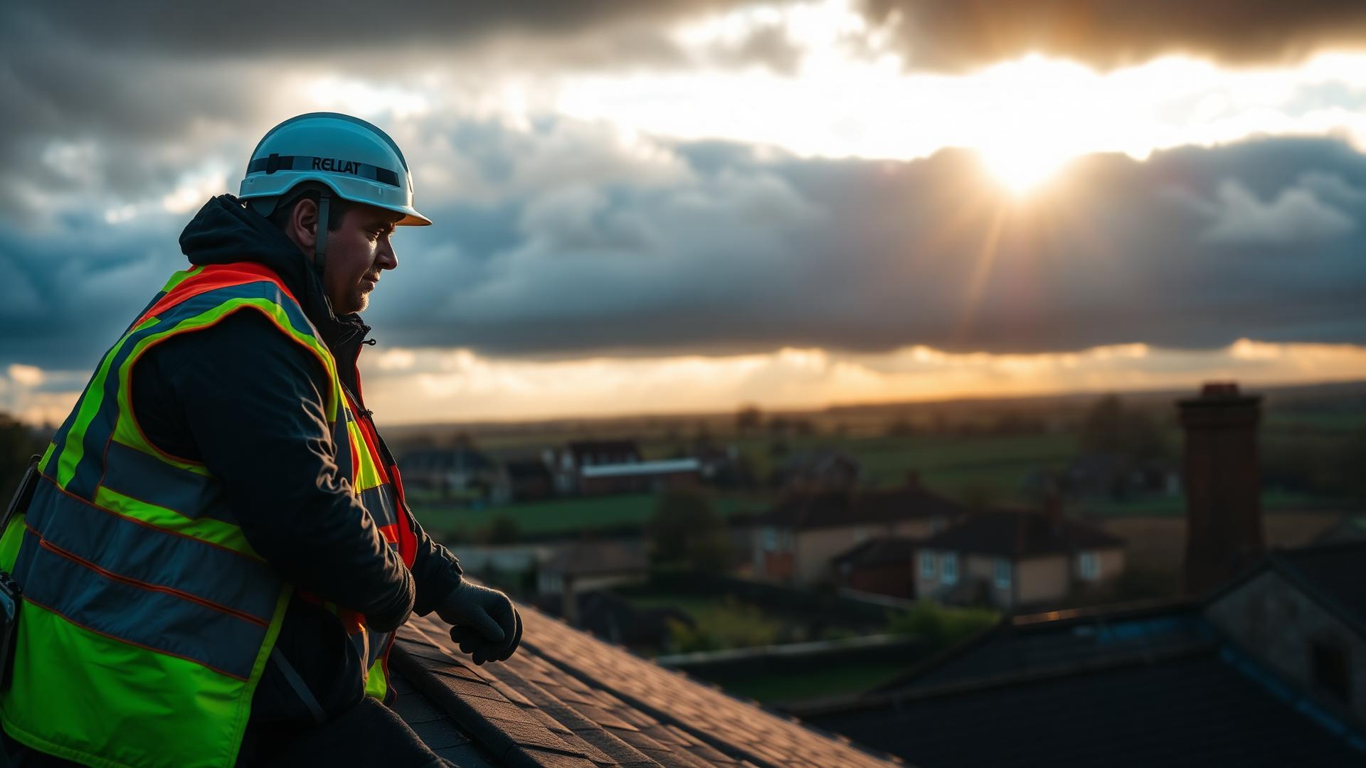 Local roofer at work at sunset